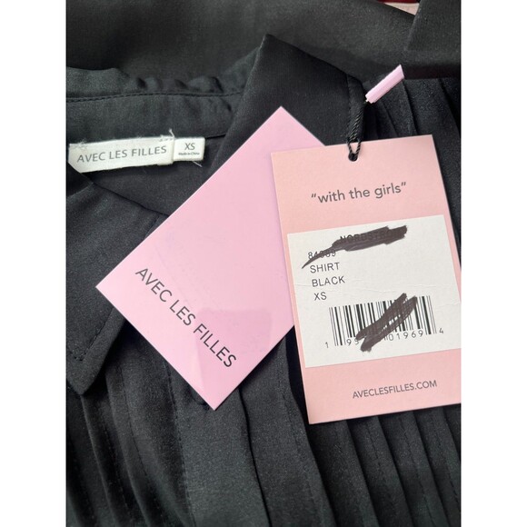 NWT Avec Les Filles Black Semi Sheer Pintuck Long Sleeve Button Up Shirt XS - Picture 7 of 9